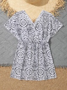 女孩圖案印花蝙蝠袖圍裹網紗罩衫連衣裙 - 黑與白 - 查看 3