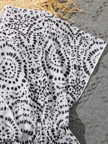 女孩圖案印花蝙蝠袖圍裹網紗罩衫連衣裙 - 黑與白 - 查看 4