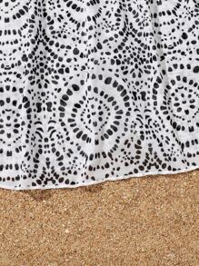 女孩圖案印花蝙蝠袖圍裹網紗罩衫連衣裙 - 黑與白 - 查看 5