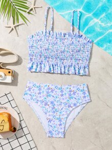 Tween Girl Floral Print Smocked Ruffle Hem Bikini Set Summer Beach - Multicolor - View 1
