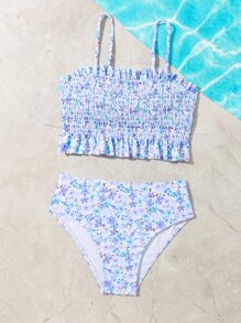 Tween Girl Floral Print Smocked Ruffle Hem Bikini Set Summer Beach - Multicolor - View 4