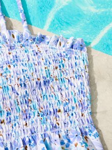 Tween Girl Floral Print Smocked Ruffle Hem Bikini Set Summer Beach - Multicolor - View 5