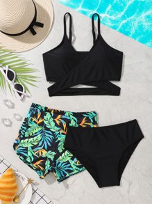 Conjunto de bikini tropical con envoltura y shorts de playa para niña preadolescente - Multicolor - Ver 1