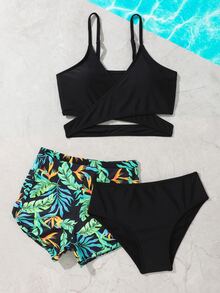 Conjunto de bikini tropical con envoltura y shorts de playa para niña preadolescente - Multicolor - Ver 3