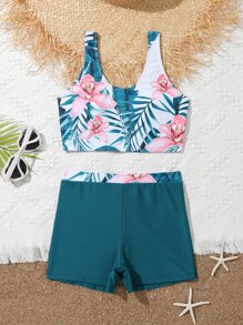 Conjunto de bikini con estampado tropical para niña preadolescente, playa de verano - Multicolor - Ver 1