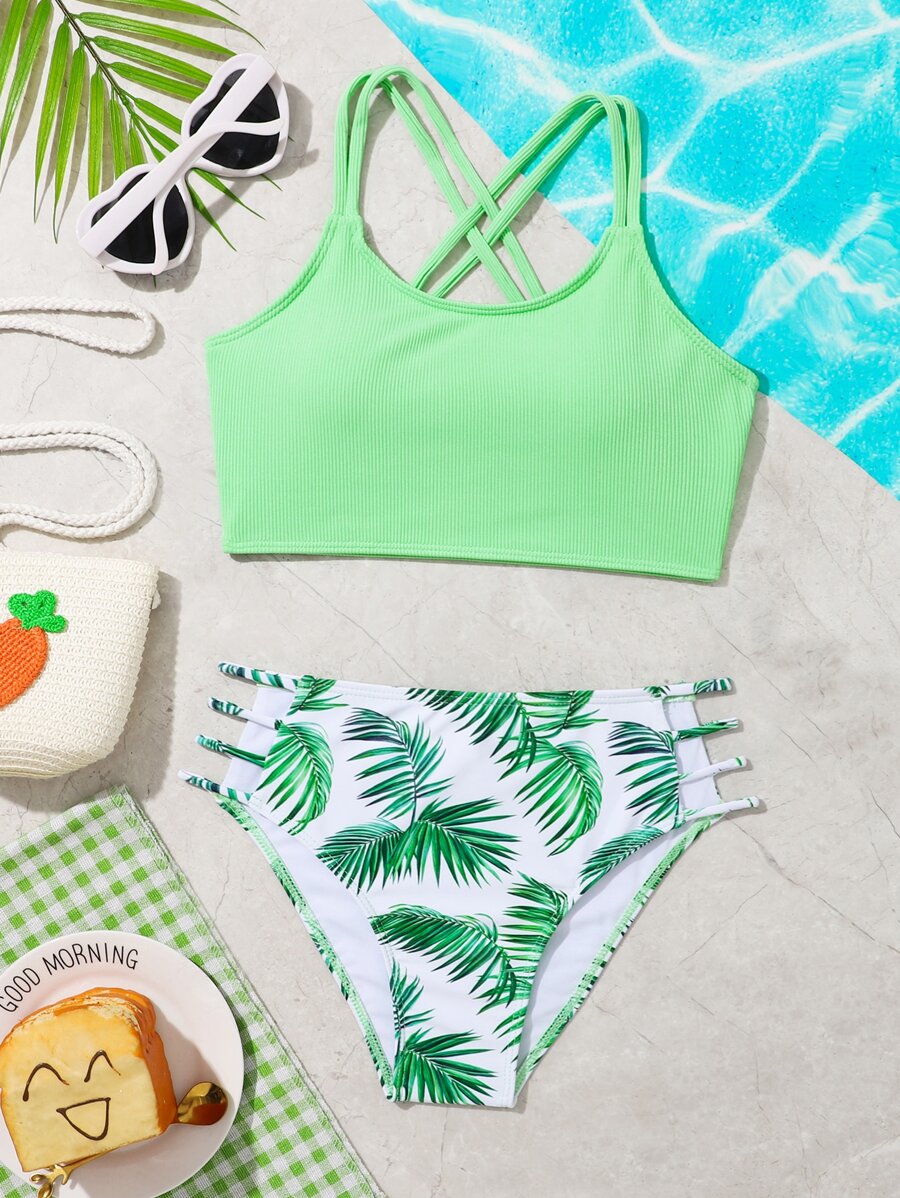 Conjunto de bikini tropical con cortes cruzados en la cintura para niña preadolescente, perfecto para el verano y la playa - Multicolor - Ver 1