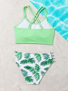 Conjunto de bikini tropical con cortes cruzados en la cintura para niña preadolescente, perfecto para el verano y la playa - Multicolor - Ver 2