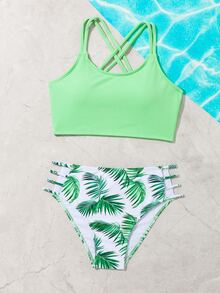 Conjunto de bikini tropical con cortes cruzados en la cintura para niña preadolescente, perfecto para el verano y la playa - Multicolor - Ver 3