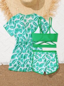 Conjunto de bikini con estampado tropical y kimono para niña preadolescente, para el verano y la playa - Multicolor - Ver 2