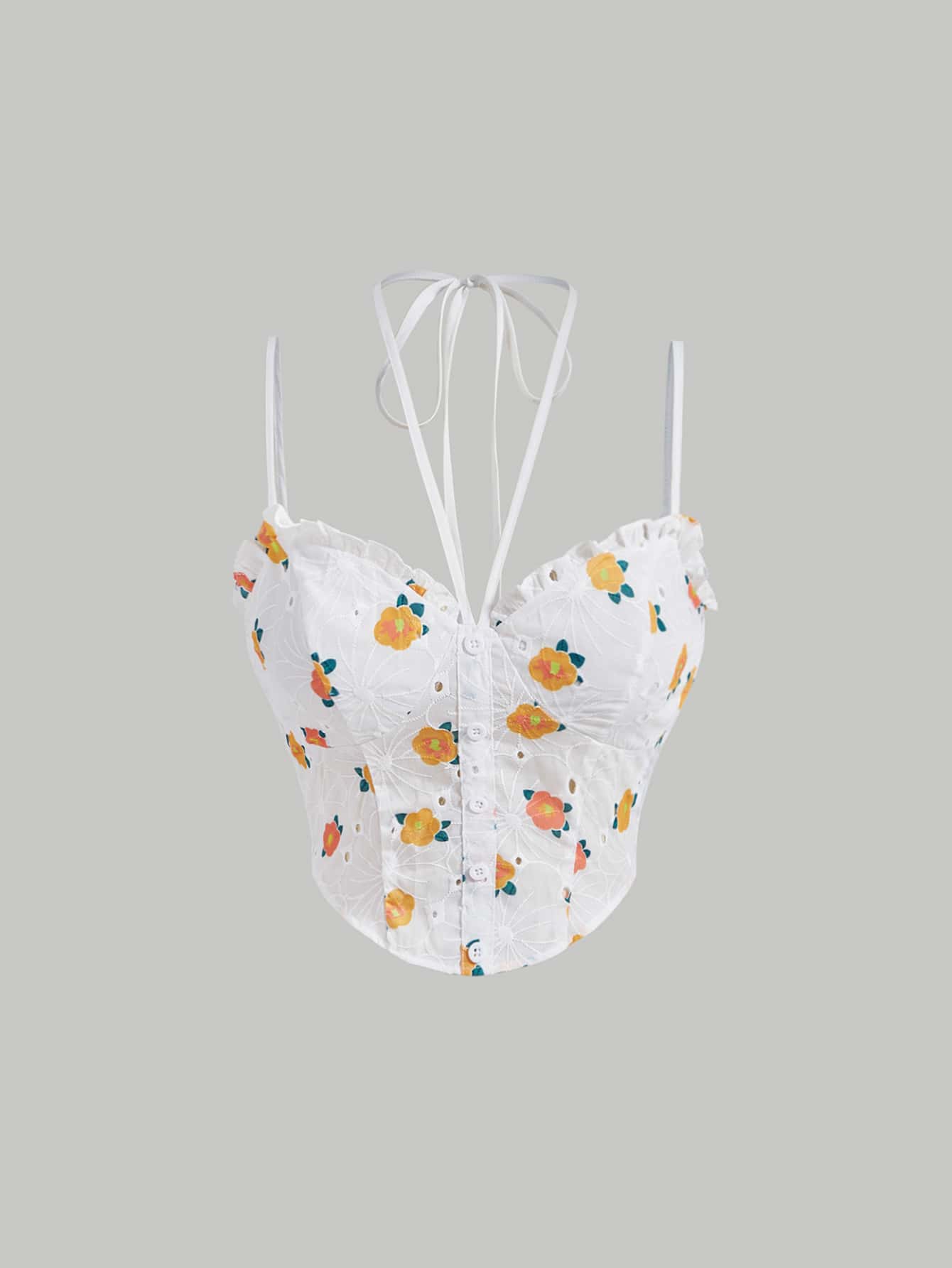 SHEIN MOD Áo khoác và áo lót dành cho xe tăng nữ Buộc lại Dải chun Nút phía trước Tranh thêu Hoa Boho - Nhiều màu - Xem 1