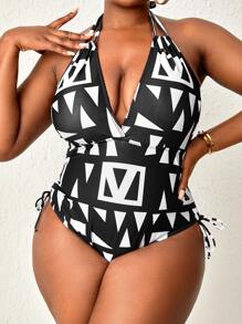 SHEIN Swim Curve Plus Size Geo Print Drawstring Side Halter One Piece Swimsuit Summer - Black and White - View 2