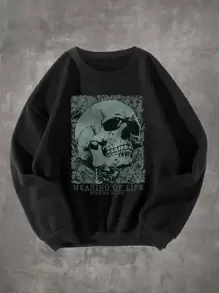 ROMWE Grunge Punk Skull & Letter Graphic Sweatshirt - Black - View 5