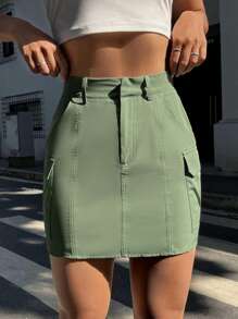 SHEIN EZwear 高腰翻蓋口袋工裝裙