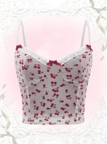 ROMWE Cherry Lace Cami Top - Red and White - View 1