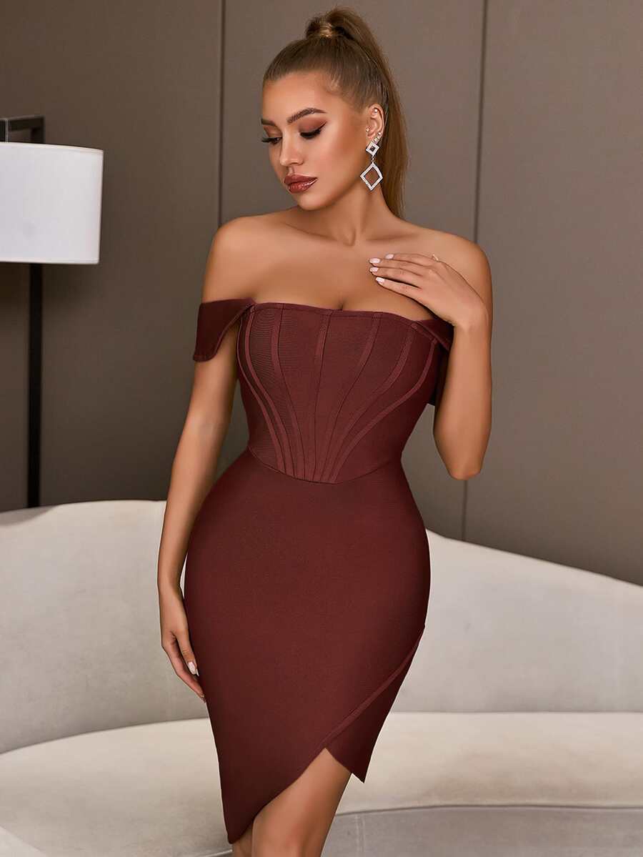 Off Shoulder Backless Asymmetrical Hem Bandage Bodycon Cocktail Dress - Rust Brown - View 1