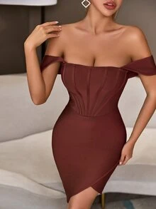 Off Shoulder Backless Asymmetrical Hem Bandage Bodycon Cocktail Dress - Rust Brown - View 3