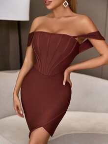Off Shoulder Backless Asymmetrical Hem Bandage Bodycon Cocktail Dress - Rust Brown - View 4