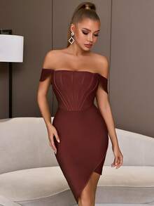 Off Shoulder Backless Asymmetrical Hem Bandage Bodycon Cocktail Dress - Rust Brown - View 5