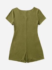 SHEIN BAE Bộ đồ liền thân dệt kim có gân cổ chữ V Plus - xanh quân đội - Xem 2