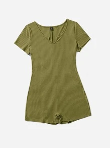 SHEIN BAE Bộ đồ liền thân dệt kim có gân cổ chữ V Plus - xanh quân đội - Xem 4