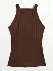 SHEIN EZwear Solid Rib-knit Cami Top - Chocolate Brown - View 2