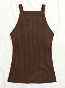 SHEIN EZwear Solid Rib-knit Cami Top - Chocolate Brown - View 5