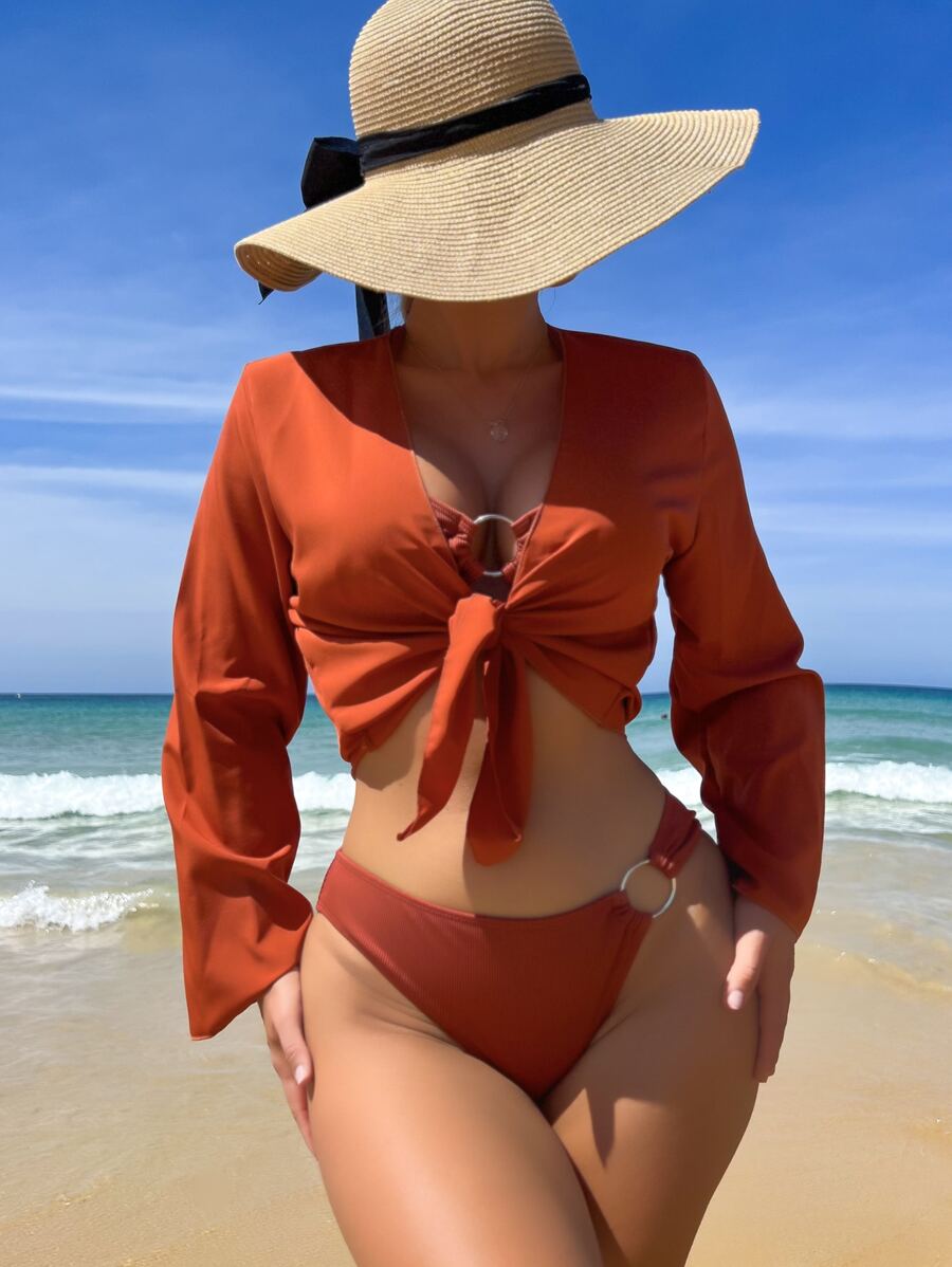 O-Ring Detail Halter Summer Beach Bikini Set With Kimono - Rust Brown - View 1