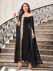 Modelyn 拼接貼花一字肩斗篷袖洋裝 - 黑色 - 查看 4