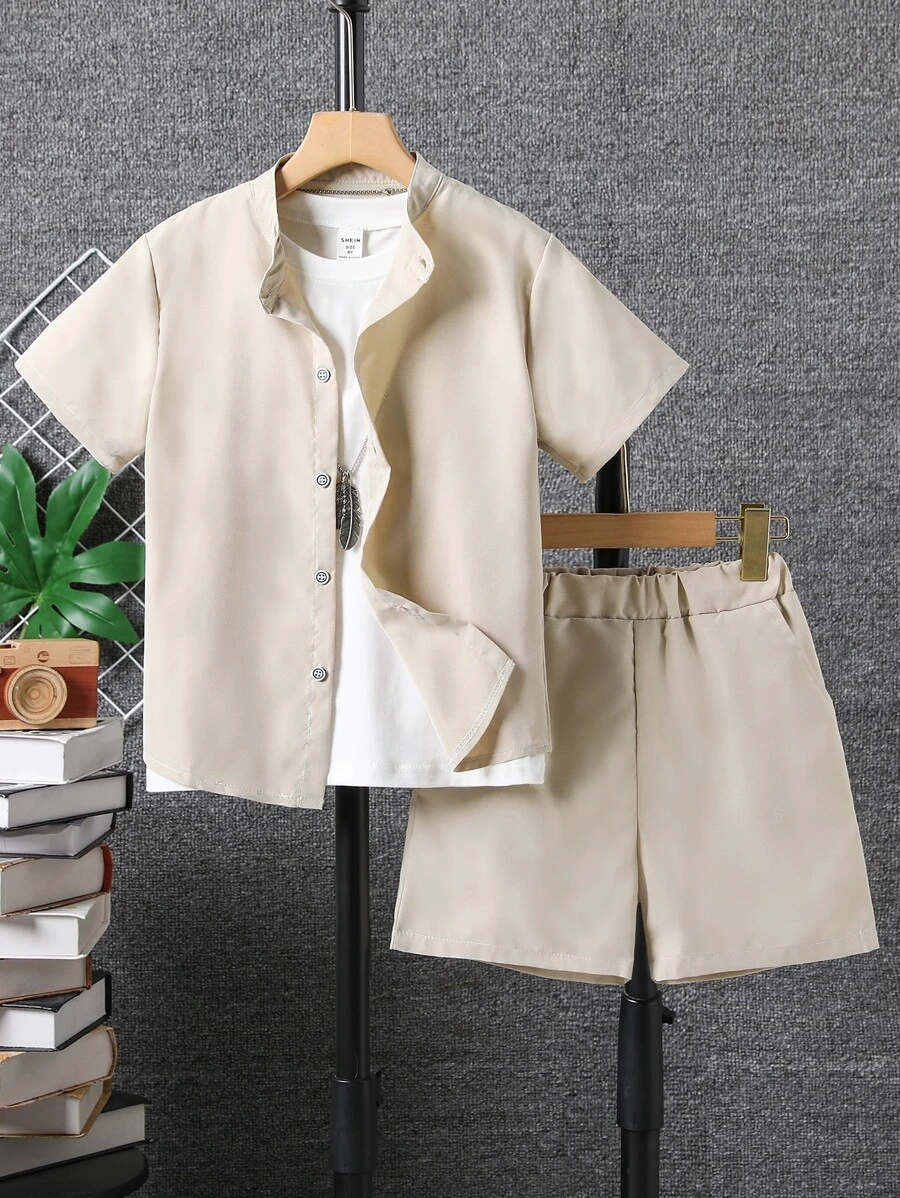 SHEIN Boys Solid Button Front Shirt & Shorts - Khaki - View 1