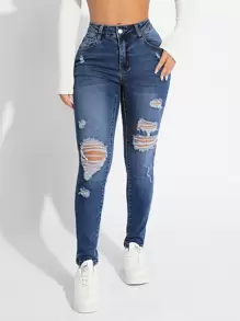 SHEIN SXY Ripped Skinny Jeans - Dark Wash - View 1
