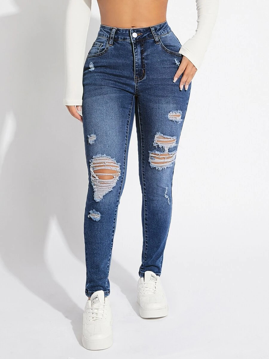 SHEIN SXY Ripped Skinny Jeans - Dark Wash - View 1