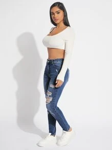 SHEIN SXY Ripped Skinny Jeans - Dark Wash - View 3