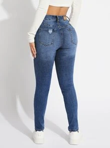 SHEIN SXY Ripped Skinny Jeans - Dark Wash - View 4
