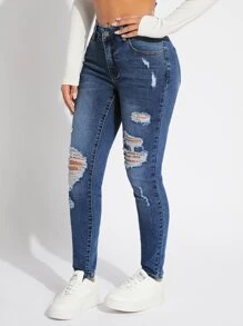 SHEIN SXY Ripped Skinny Jeans - Dark Wash - View 5