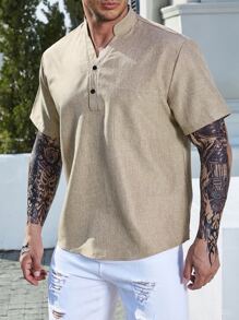 Manfinity Homme 男士素色半排扣襯衫 - 棕色 - 查看 7