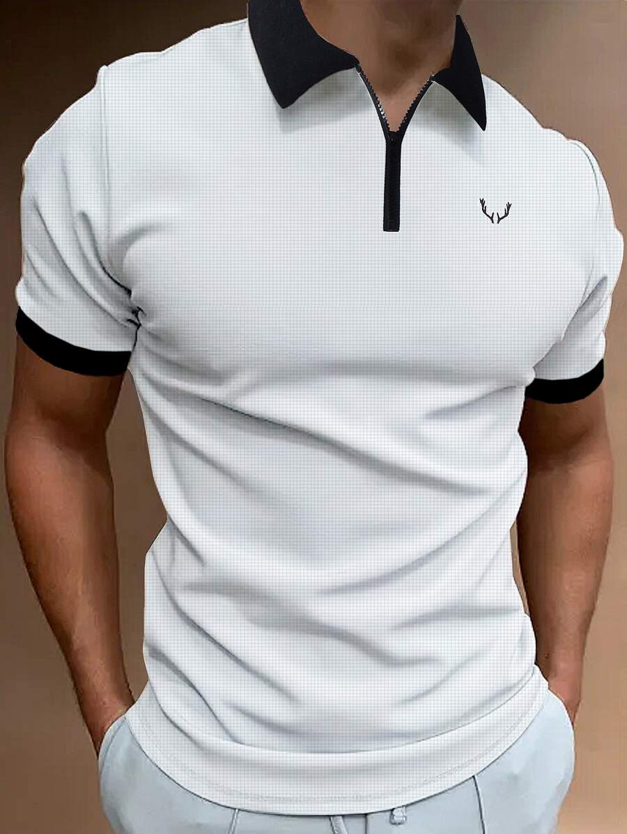 Manfinity Men Antler Print Contrast Trim Polo Shirt - White - View 1