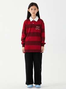 女大童日式風條紋圖案長袖T恤帶西裝領適合春天和秋天 - 紅色 - 查看 3