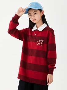 女大童日式風條紋圖案長袖T恤帶西裝領適合春天和秋天 - 紅色 - 查看 4