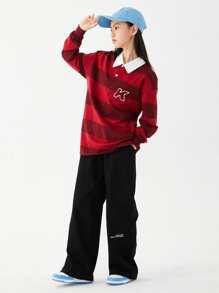 女大童日式風條紋圖案長袖T恤帶西裝領適合春天和秋天 - 紅色 - 查看 6