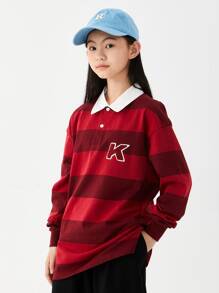 女大童日式風條紋圖案長袖T恤帶西裝領適合春天和秋天 - 紅色 - 查看 7