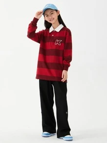 女大童日式風條紋圖案長袖T恤帶西裝領適合春天和秋天 - 紅色 - 查看 8