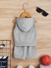 SHEIN Đứa bé trai Đồ họa chữ cái & Gấu áo có mũ Áo ba lỗ & Quần short - Màu Xám nhạt - Xem 2