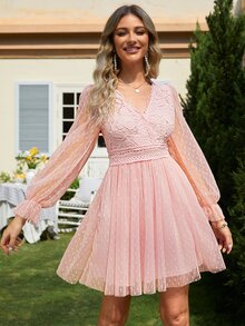 Simplee Swiss Dot Flounce Sleeve Mesh Dress - Baby Pink - View 3