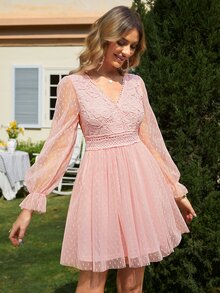 Simplee Swiss Dot Flounce Sleeve Mesh Dress - Baby Pink - View 4