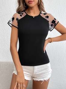 SHEIN Privé Floral Print Contrast Mesh Raglan Sleeve Tee - Black - View 4
