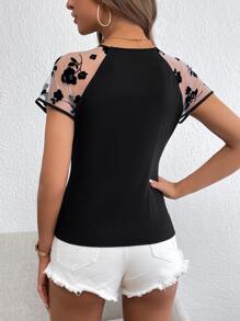 SHEIN Privé Floral Print Contrast Mesh Raglan Sleeve Tee - Black - View 2