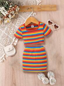 Baby Colorful Striped Tee & Skirt - Multicolor - View 1