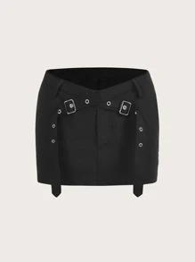 SHEIN ICON 低腰金屬氣眼細節半身裙 - 黑色 - 查看 1