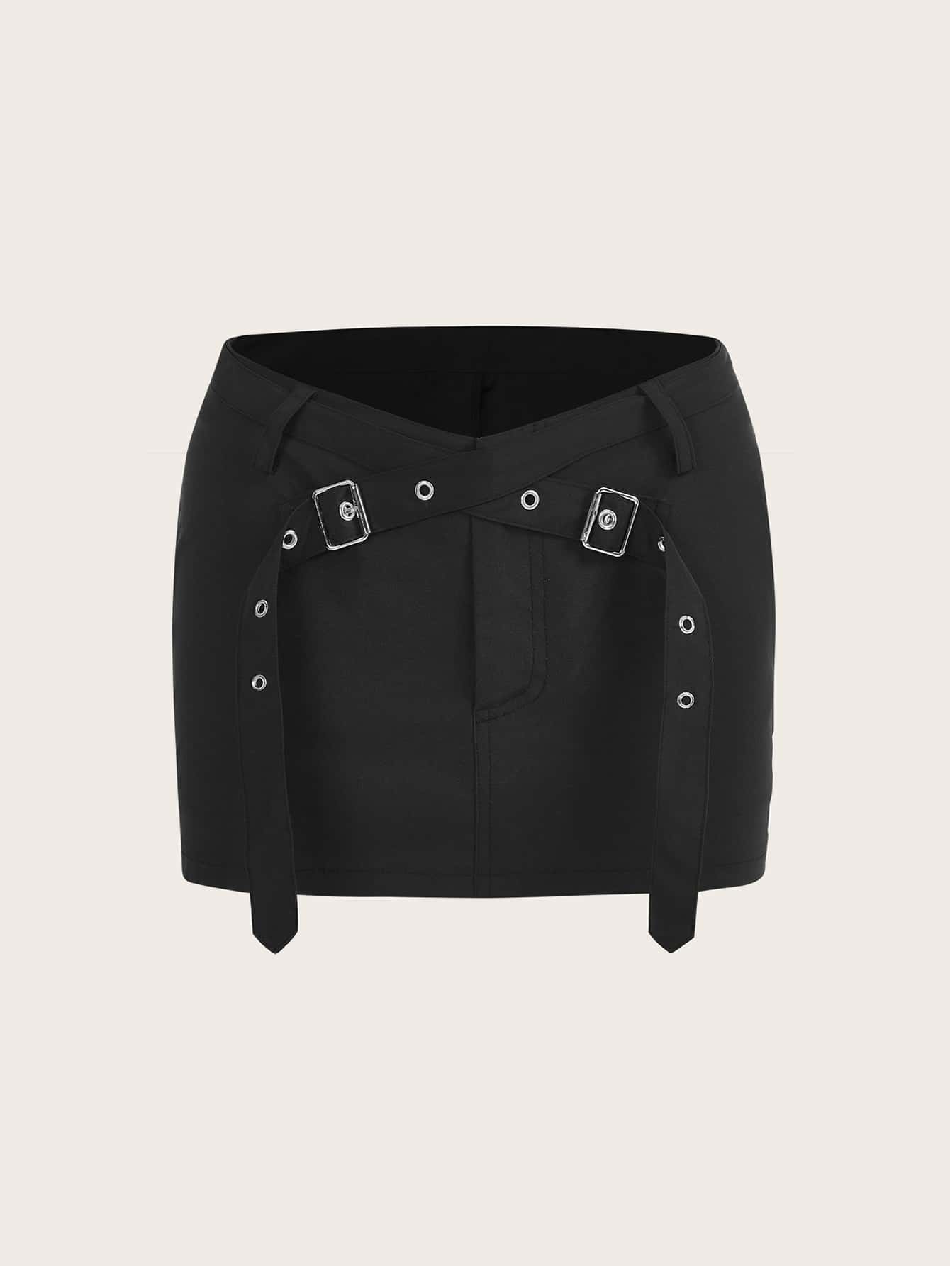 SHEIN ICON 低腰金屬氣眼細節半身裙 - 黑色 - 查看 1