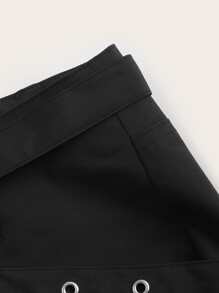 SHEIN ICON 低腰金屬氣眼細節半身裙 - 黑色 - 查看 5